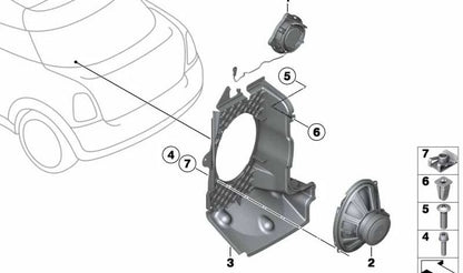 Altavoz grave (woofer) OEM 65133422633 para MINI R55, R56, R57, R58, R59, F55, F56, F57 con sistema estéreo. Repuesto original MINI.