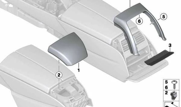 Embellecedor de consola central de cuero trasera OEM 51169248472 para BMW F06, F12, F13. Original BMW.