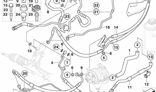 Tubo de retorno dirección asistida OEM 32416774486 para BMW E60, E61, E63, E64 (525i, 530i con motor N52/N53). Original BMW.