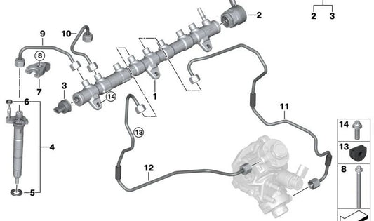 High pressure pipe OEM 13538599220 for BMW G20, G20N, G21, G21N, G22, G22N, G23, G23N, G26, G26N, G30N, G31N, G32N, G11N, G12N, G14, G15, G16, G01, G01N, G02, G02, G02, G02, G02, G02, G02, G02, G02, G05, G06, G07. BMW original.