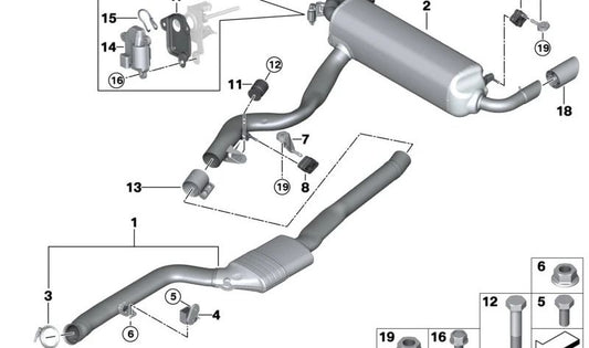 Silenziatore posteriore con valvola di scarico per la serie BMW 3 G20, G21 e 4 G22, G23, G26 (OEM 18307933843). BMW originale.
