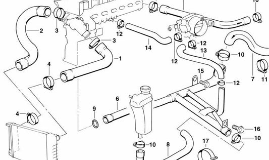 HEATING RETURN TUBE OEM 11531744153 for BMW E36. It conducts the coolant from the heating system. Original BMW piece.