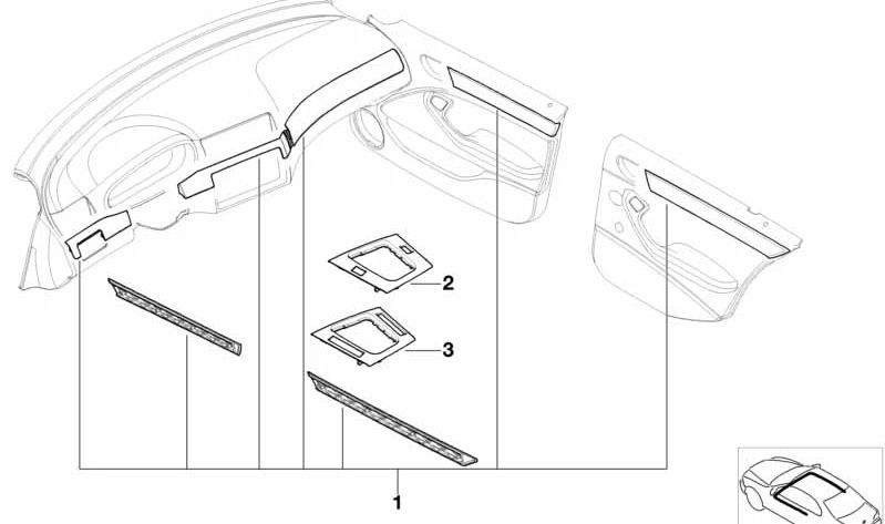 Juego de molduras decorativas en aluminio OEM 51417896090 para BMW E46. Original BMW.