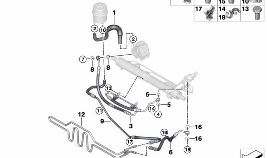 Manguito de refrigerante dirección asistida OEM 17117527134 para BMW E81, E82, E87, E88, E90, E91, E92, E93, E84. Original BMW.