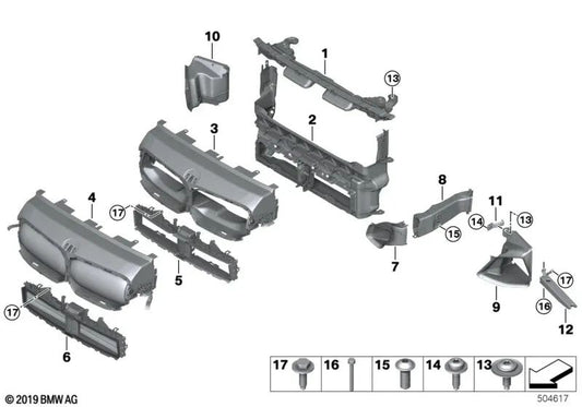 Rechte obere Auxiliary -Kühlerstütze für BMW 1 F40 -Serie, Serie 2 F44, X2 F39 und Mini F60 (OEM 51747462142). Original BMW