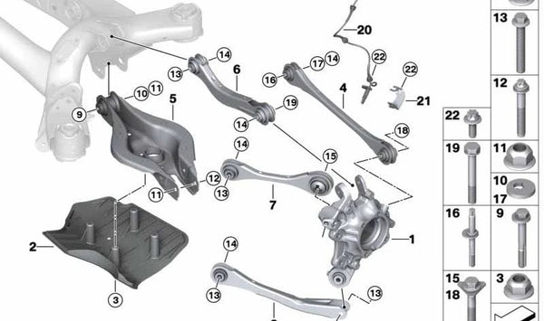 Portamangueta trasero derecho OEM 33306893970 para BMW G42 y G28. Repuesto original BMW.