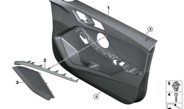 Panel interior puerta delantera izquierda OEM 51419893809 para BMW F40. Color antracita/gris. Original BMW.