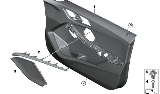 Panel de puerta delantera izquierda OEM 51417911519 para BMW F40 128ti. Color negro/rojo. Compatible con modelos producidos entre 11/2020 y 06/2024. Pieza original BMW.