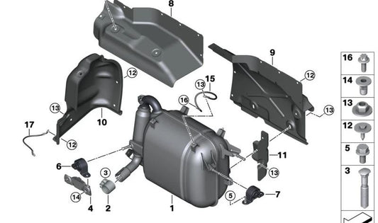 Soporte trasero del silenciador de escape OEM 18208626658 para BMW i3 (I01) 60Ah, 94Ah y 120Ah Rex. Compatible con todos los modelos del 2013 al 2022. Pieza original BMW.
