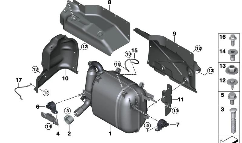 Protector térmico trasero para escape OEM 18308609801 para BMW i3 {I01, I01N}. Pieza original BMW.
