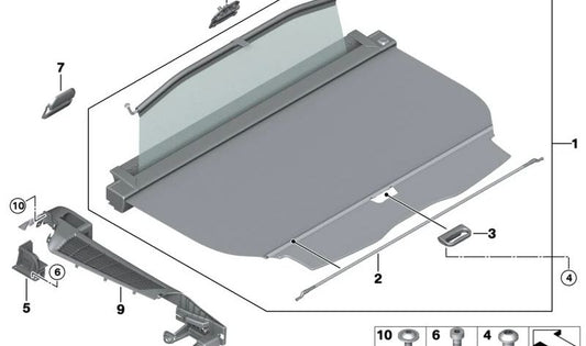 Tapa soporte persiana maletero OEM 51477263252 para BMW F11 y F11N. Pieza original BMW.