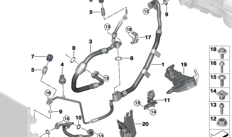 Tubo de alta presión A/A OEM 64539354589 para BMW X5 G05, X6 G06, X7 G07. Conecta compresor y condensador. Original BMW.