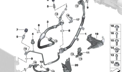 Tubo de alta presión A/A OEM 64539354589 para BMW X5 G05, X6 G06, X7 G07. Conecta compresor y condensador. Original BMW.