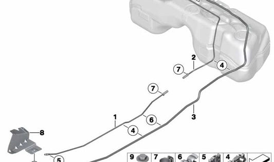 Tubo de combustível de fluxo traseiro para BMW X3 F25, X4 F26 (OEM 16117216539). BMW original