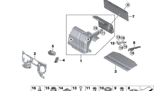 Aislante acústico inferior pilar A izquierdo OEM 51487388730 para BMW i12 e i15. Compatible con modelos eléctricos i8 (I12, I15) producidos entre 2014 y 2020. Original BMW.