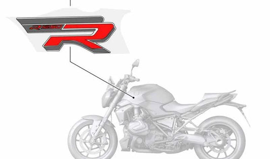 OEM 51148406389 left side emblem for BMW Motorrad R1200gs LC, R1200gs Adventure, F750gs, F850gs, S1000xr, R1250gs, R1250gs Adventure. Original BMW Motorrad.
