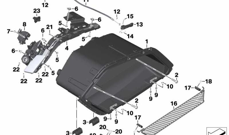 Cinta de sujeción izquierda para maleta inferior OEM 46548557969 para motos BMW K 1600 Bagger K61 (2017-2025). Original BMW Motorrad.