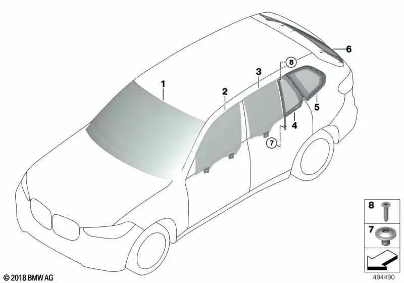 Rear left door side glass for BMW F95, G05, F95N, G05N (OEM 51358496033). Original BMW