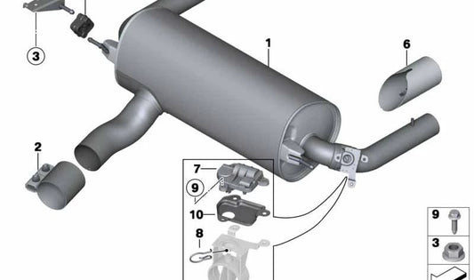 Silencioso trasero con válvula de escape OEM 18307643934 para BMW F34 335i y 335i xDrive (2013–2016). Compatible con cambio manual y automático. Original BMW.