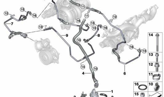 Tubo de retorno de refrigerante del turbo OEM 11538654395 para BMW G12 M760Li xDrive (modelos con motor N74B y N74L). Original BMW.