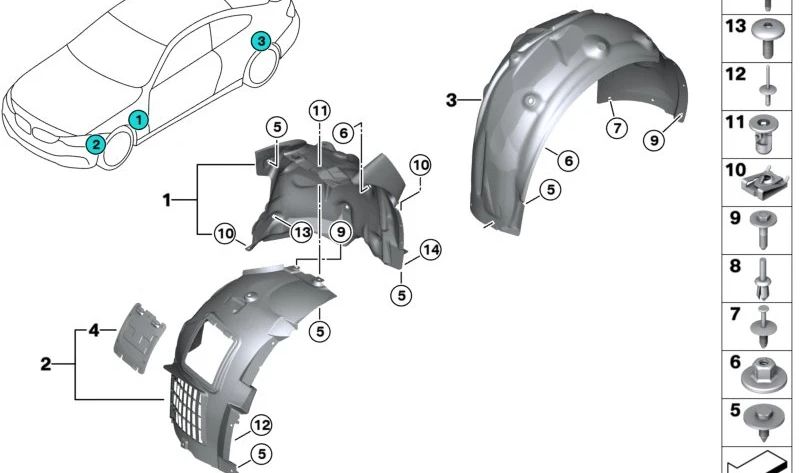 Protector de paso de rueda delantero derecho OEM 51718063032 para BMW F87 (M2). Original BMW.