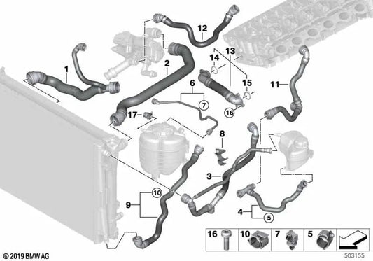 Coolant Radiator Hose for BMW G42, G20, G20N, G21, G21N, G22, G22N, G23, G23N, G26, G26N (OEM 17128654862). Genuine BMW
