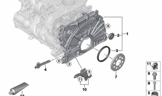 Tapa de cadena de distribución OEM 11148591625 para BMW F20, F21, F22, F23, F30, F31, F34, F32, F33, F36, F10, F11, G30, G31, G11, G12, F25, G01, F26, G02, F15. Original BMW.