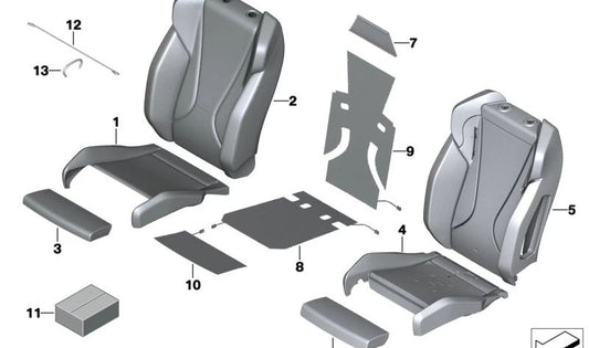 Funda respaldo asiento deportivo en símil cuero izquierda OEM 52105A1F205 para BMW U06 (Serie 2 Active Tourer), U11 (X1). Color negro. Original BMW.