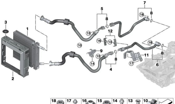 Marco radiador de aceite de motor OEM 17218632134 para BMW G12. Original BMW.