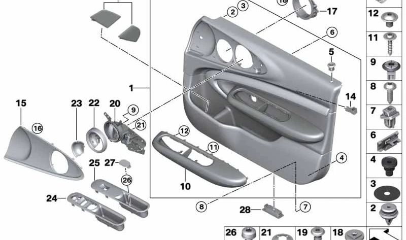 Panel interior puerta delantera derecha OEM 51417462830 para MINI F54 (todos los modelos compatibles). Color Carbon Black. Original MINI.