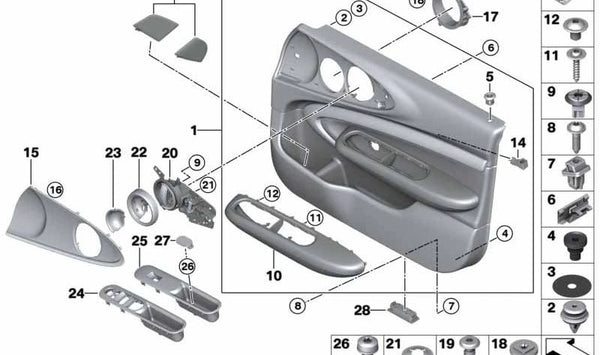Panel interior puerta delantera derecha OEM 51417462816 para MINI F54 (todos los modelos: Cooper JZ31, JZ32, LN31, LN32, LN41, LN42, LN61, LV31, LV32, XJ31). Original MINI. Color: carbon black.