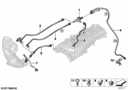 Conducto de ventilación de tanque con sensor de presión para BMW F22, F23, F30N, F34N, F32, F33, F36, G30, G38, G32, G12, G01, G02 (OEM 13907643105). Original BMW.
