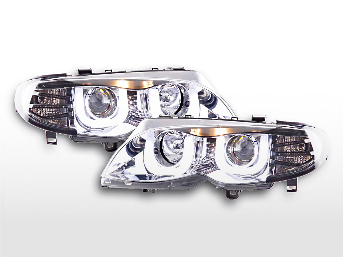 Faros delanteros LED con aspecto DRL para BMW Serie 3 E46 Berlina/Touring 02-05 cromados para volante a la derecha