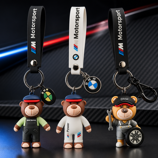 Conjunto de llaveros de oso 3D para BMW en diseños Service, M Power y mecánico sobre fondo grafito