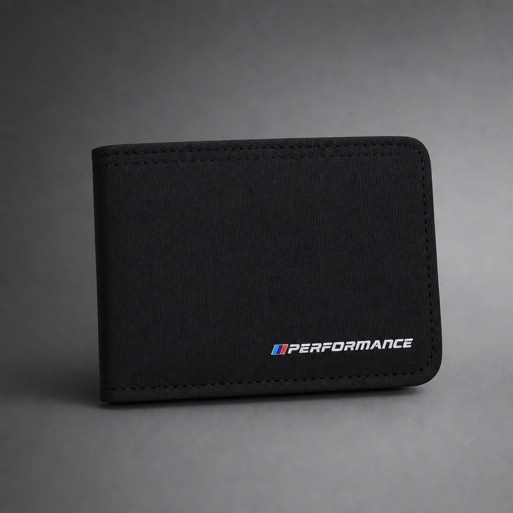 Cartera M Performance para BMW Negro de tejido texturizado con logo frontal - packshot premium