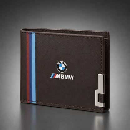 Cartera BMW M Variante 1 plegable con líneas tricolor y logo frontal - packshot premium