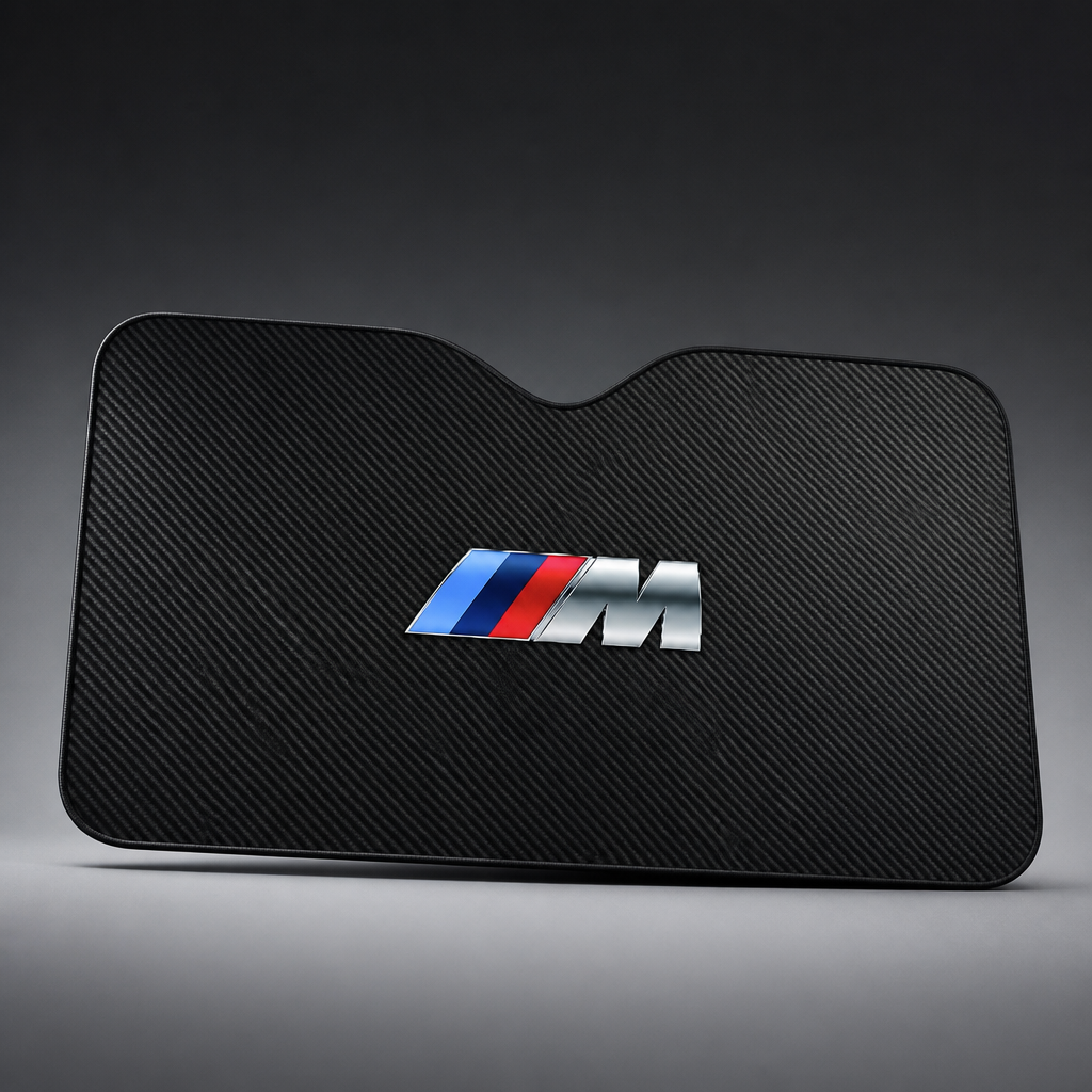 Parasol BMW logo M tricolor sobre fondo efecto carbono / negro efecto carbono con azul claro, azul oscuro, rojo y plateado desplegado para parabrisas delantero - packshot frontal premium