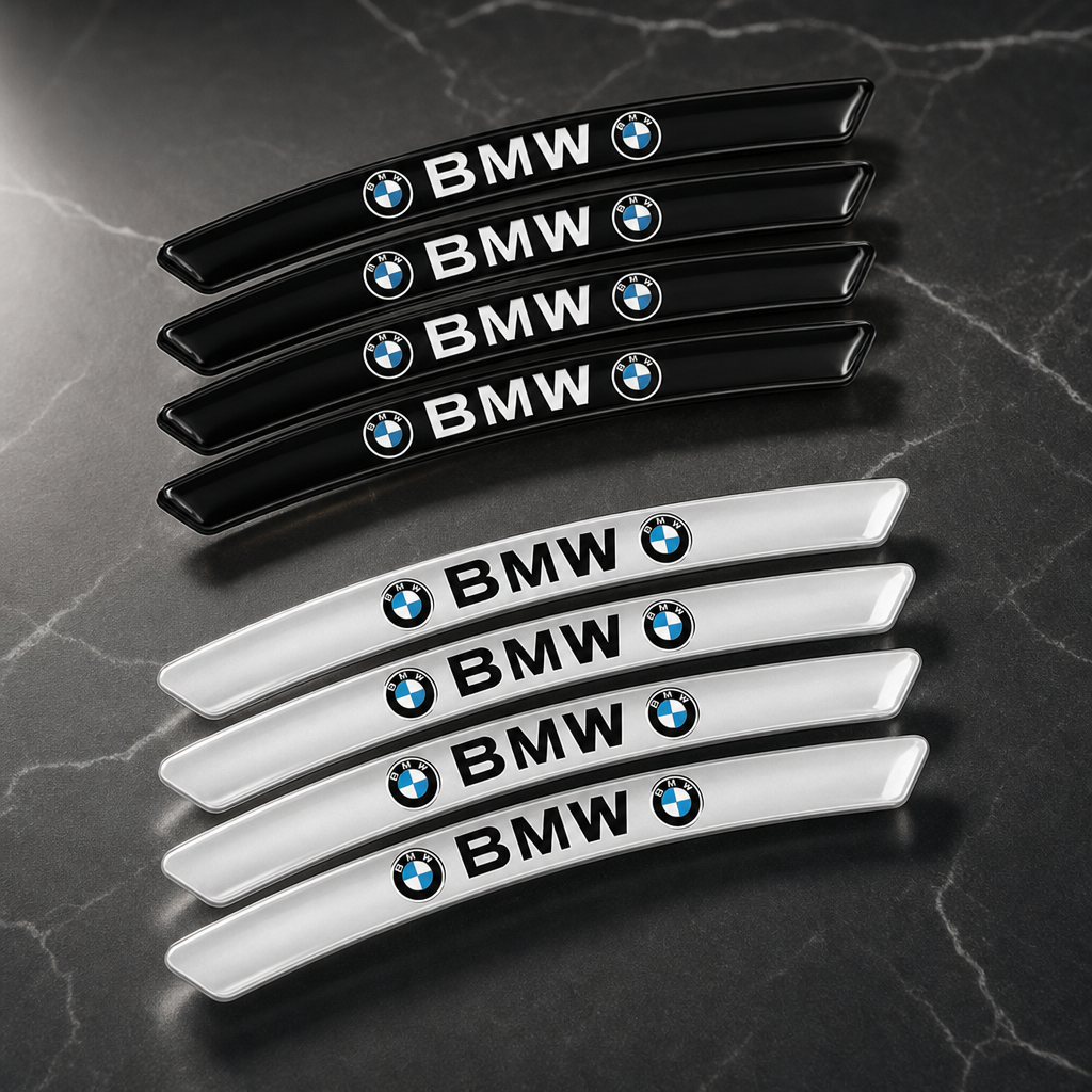 Set de adhesivos embellecedores para llantas BMW en negro y plateado - vista principal premium