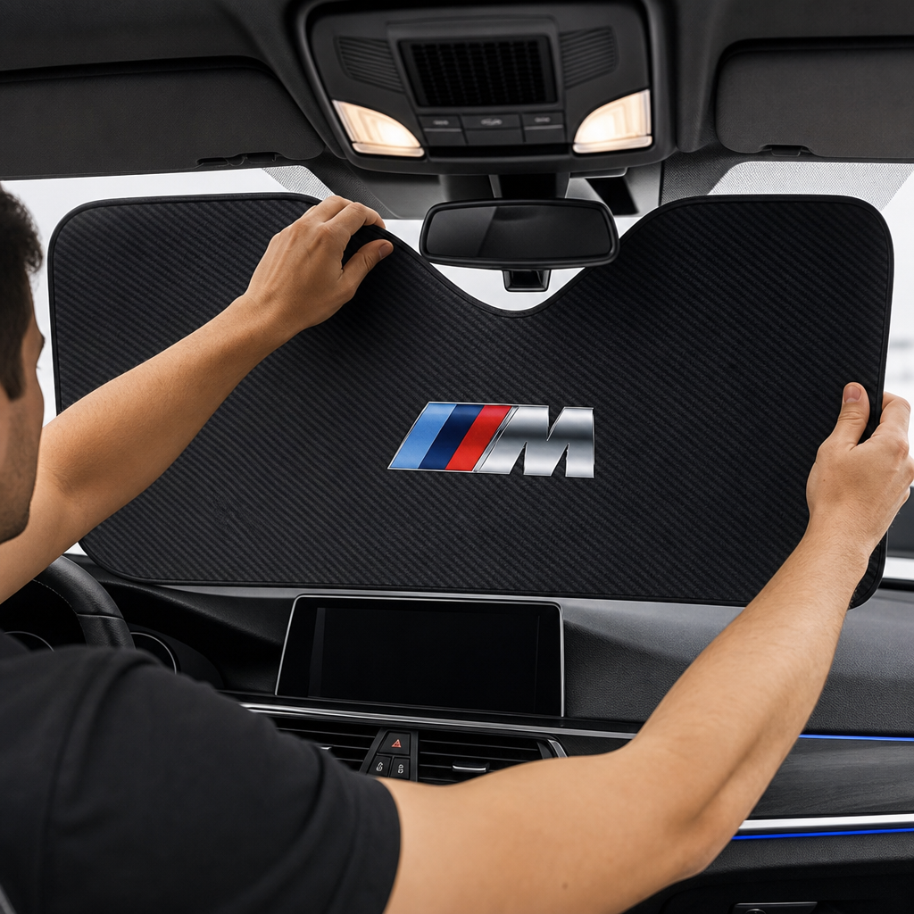 Parasol delantero para tu BMW en uso premium - escena 5 ajustado bajo el retrovisor