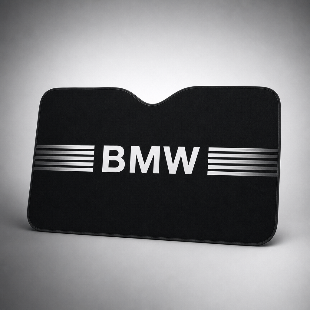 Parasol BMW inscripción BMW con franjas horizontales laterales / negro, blanco y gris desplegado para parabrisas delantero - packshot frontal premium