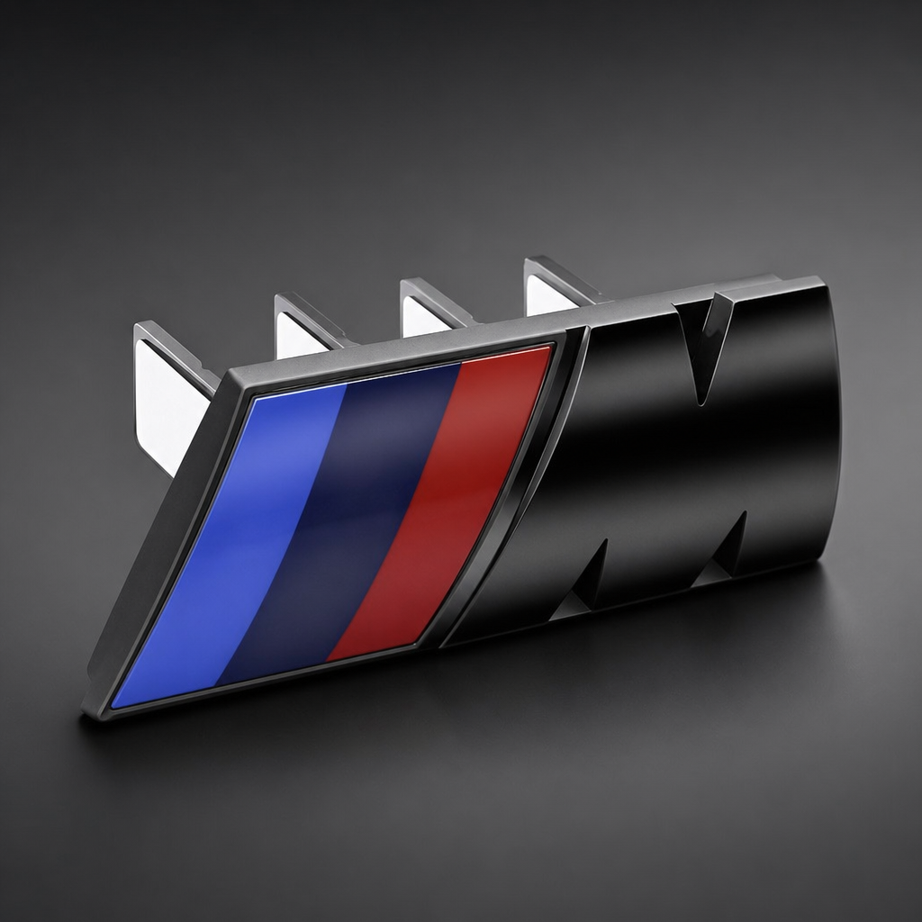 Emblema M para parrilla BMW Negro mate con franjas tricolor y clip trasero en packshot premium