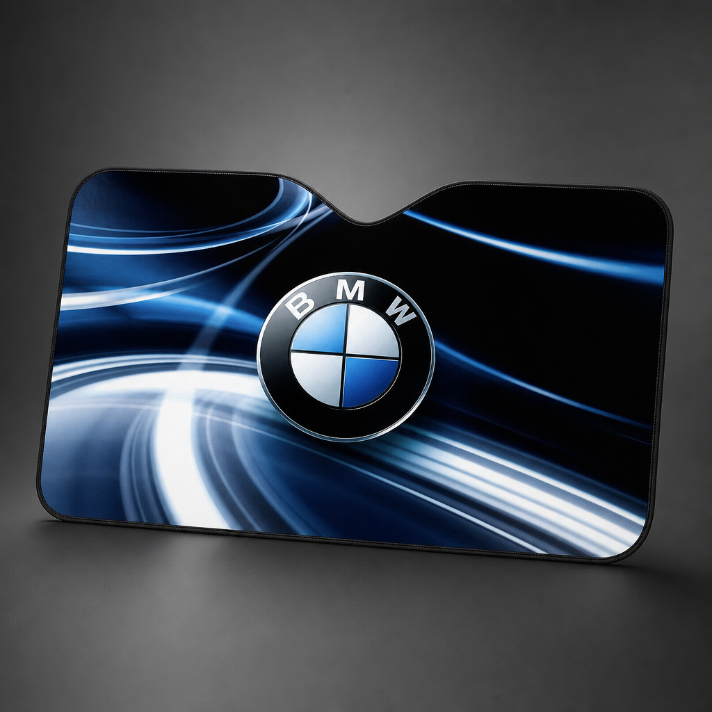 Parasol BMW logo BMW redondo sobre líneas de luz azules / azul, negro y blanco desplegado para parabrisas delantero - packshot frontal premium