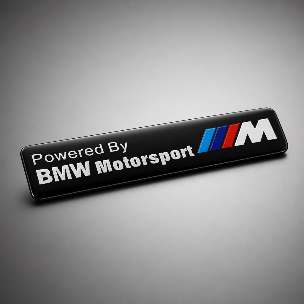 Emblema metálico adhesivo para tu BMW negro brillo / texto "Powered By BMW Motorsport" + logo M tricolor / 120 × 26 mm - packshot frontal con acabado deportivo