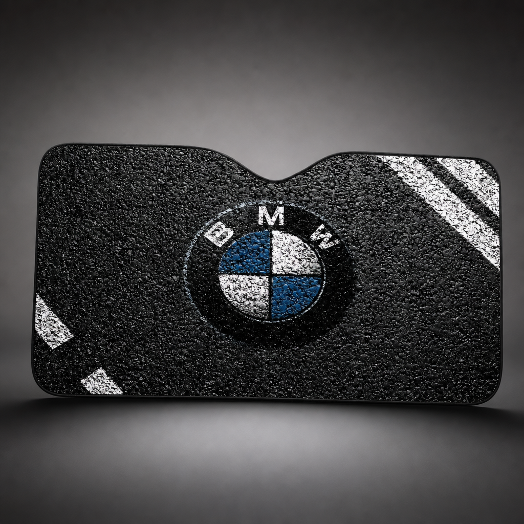 Parasol BMW logo BMW redondo sobre textura salpicada con esquinas blancas / negro, blanco y azul desplegado para parabrisas delantero - packshot frontal premium