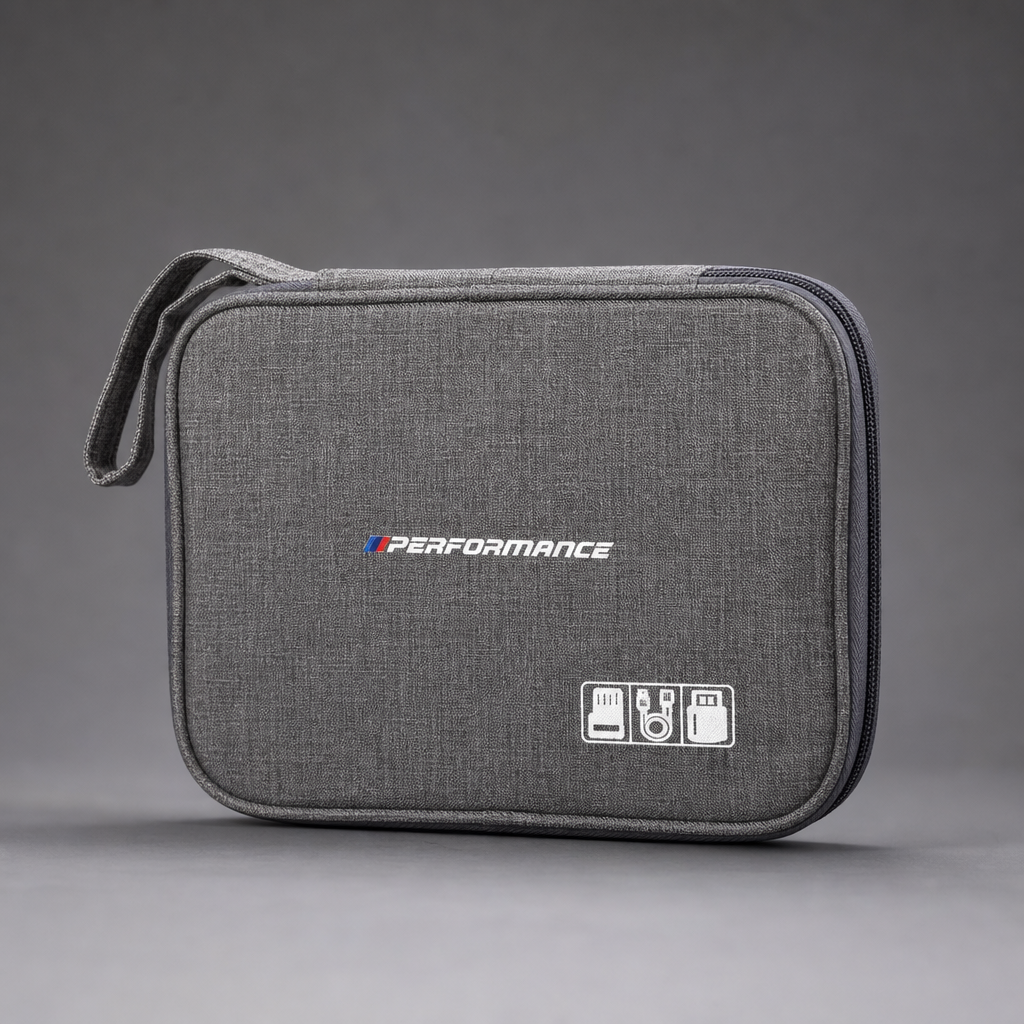 Organizador Performance para BMW gris jaspeado con cremallera perimetral y asa textil - vista frontal