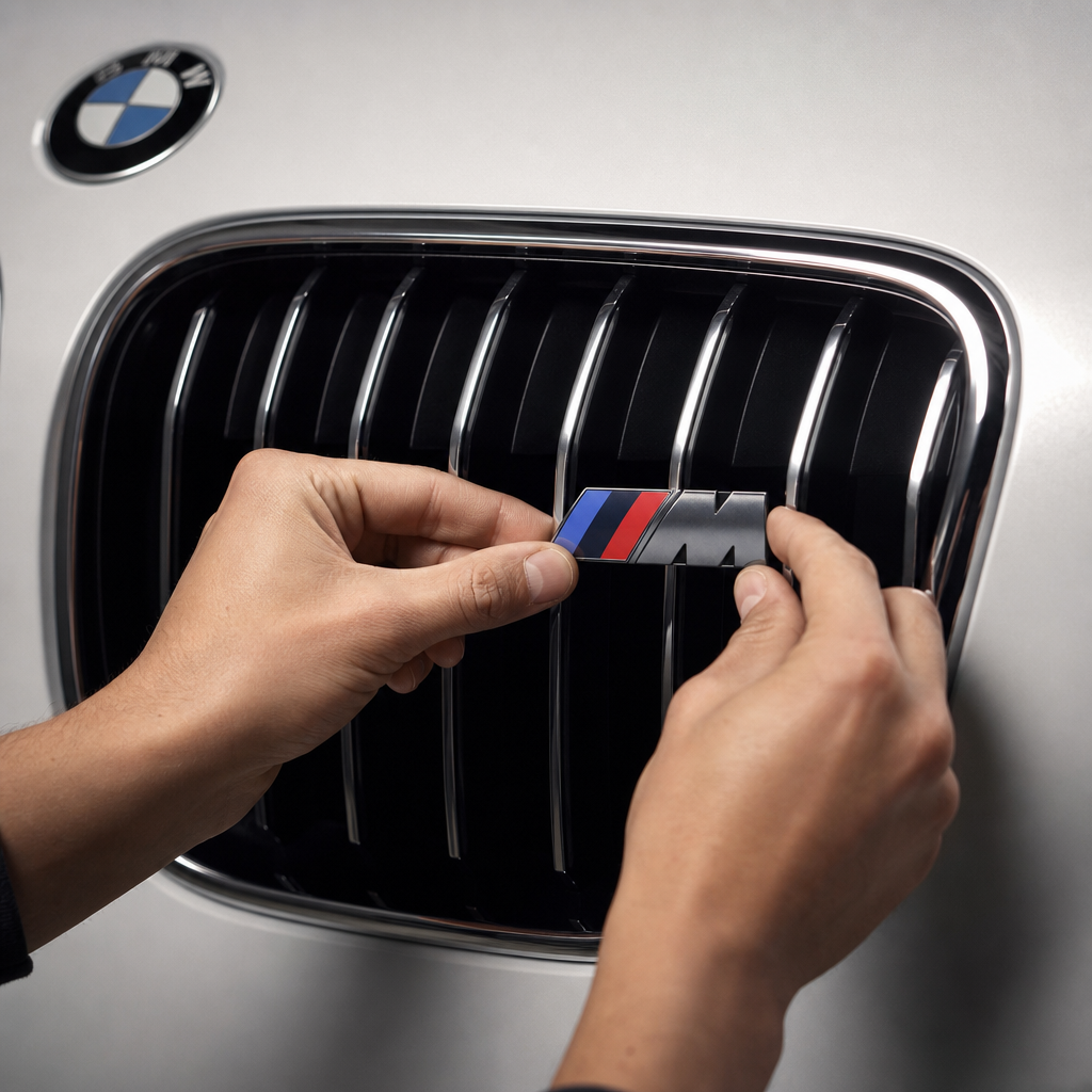 Emblema M instalado en parrilla delantera BMW, escena 5 con detalle exterior deportivo