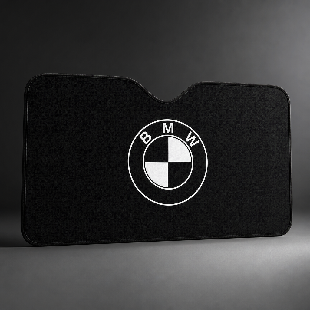 Parasol BMW logo BMW redondo monocromo / negro y blanco desplegado para parabrisas delantero - packshot frontal premium