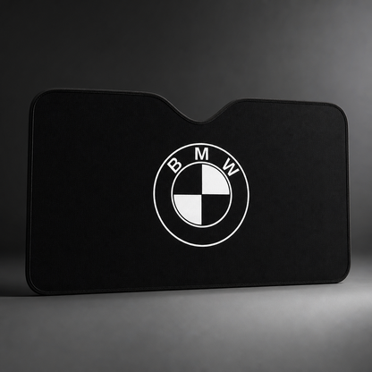 Parasol BMW logo BMW redondo monocromo / negro y blanco desplegado para parabrisas delantero - packshot frontal premium