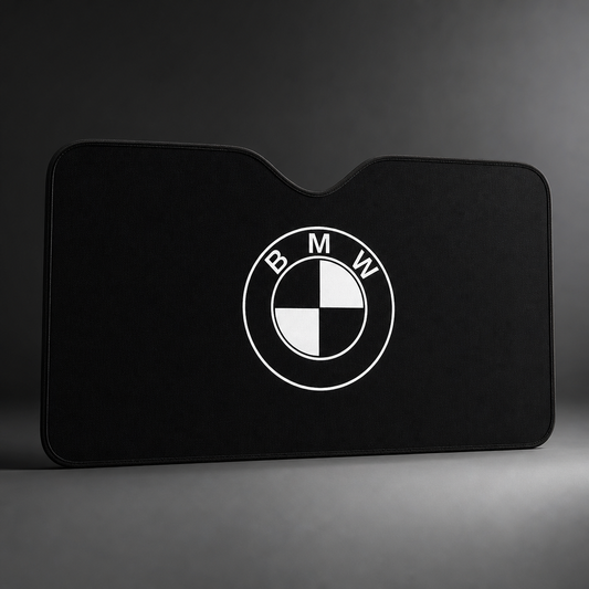 Parasol BMW logo BMW redondo monocromo / negro y blanco desplegado para parabrisas delantero - packshot frontal premium