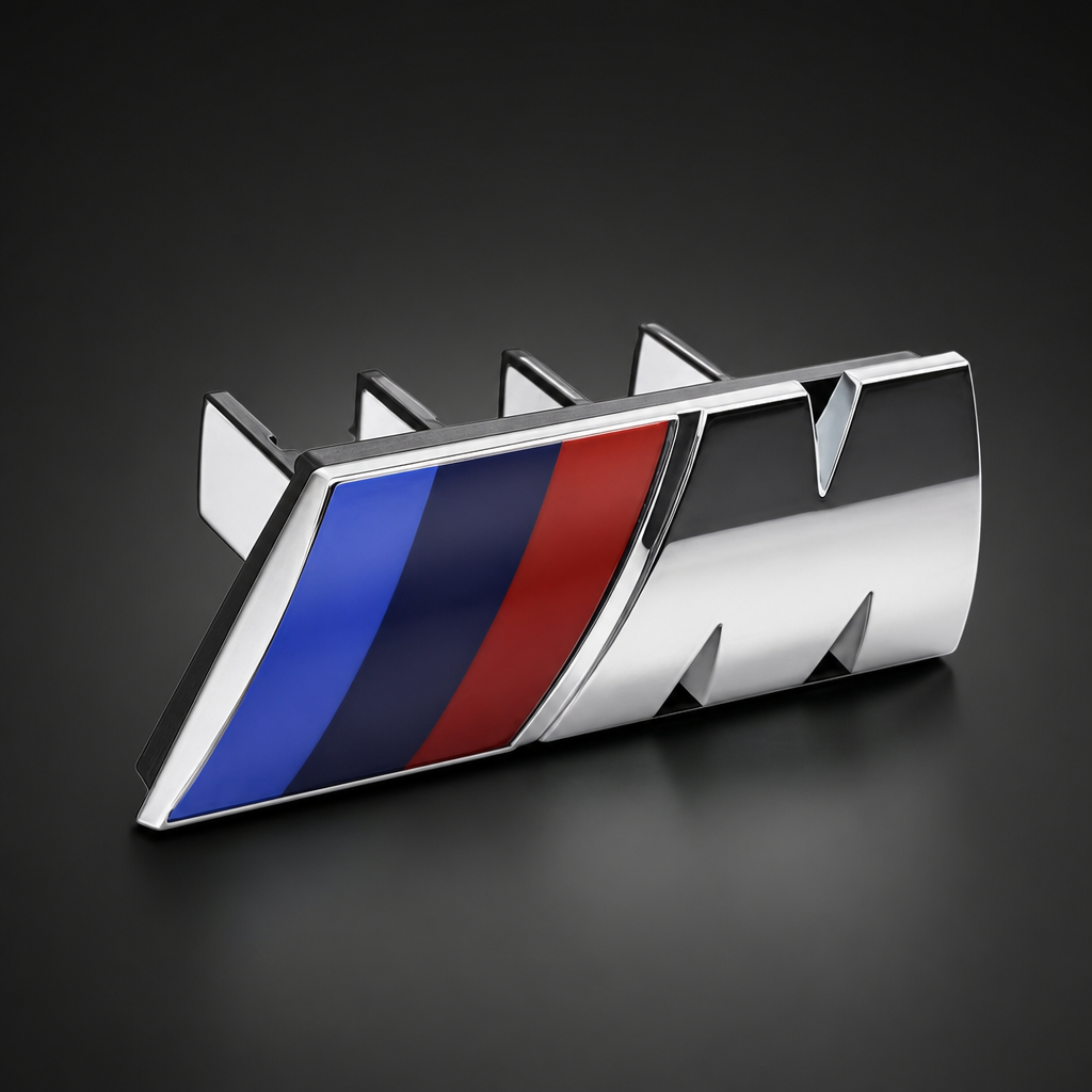 Emblema M para parrilla BMW Plata brillante con franjas tricolor y clip trasero en packshot premium